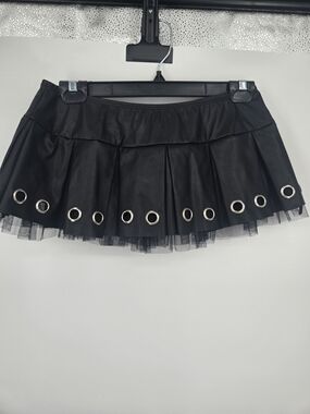 J. Peterman Black Faux Leather Micro Mini Skirt Silver Grommets (8239)